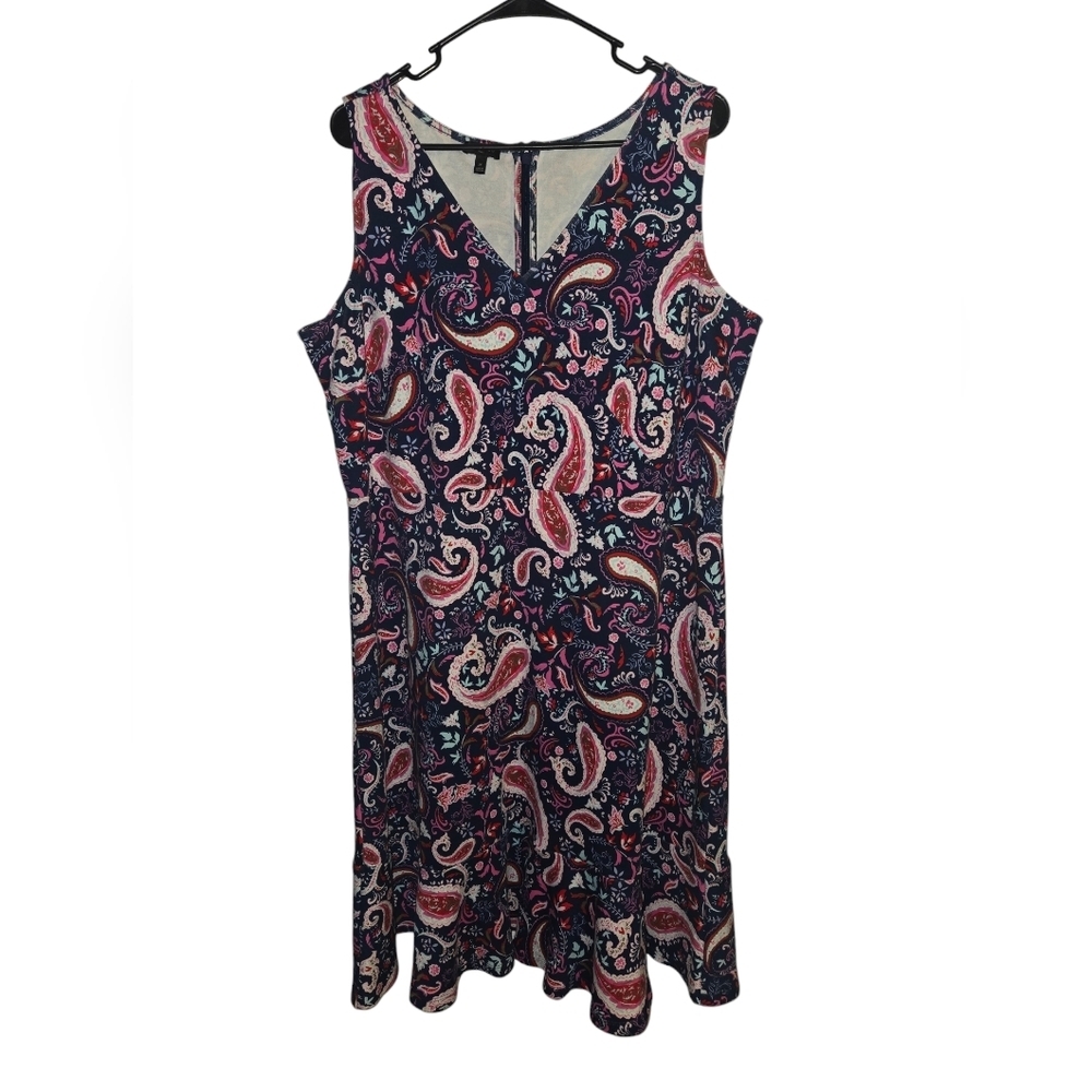 Talbots Plus Pink & Blue Paisley Dress, V-neck and sleeveless, Size 1X - Picture 2 of 7